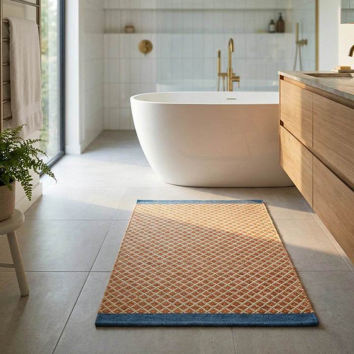 Cozy plush floor mat with a stylish checkered pattern, ideal for bathroom comfort.