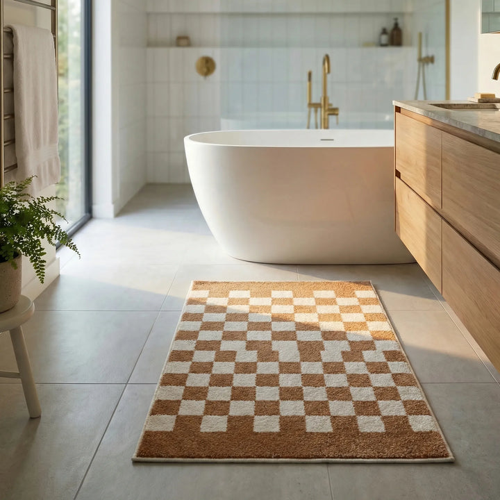 Close-up of plush checkered bathroom mat, highlighting its soft texture and non-slip backing.
