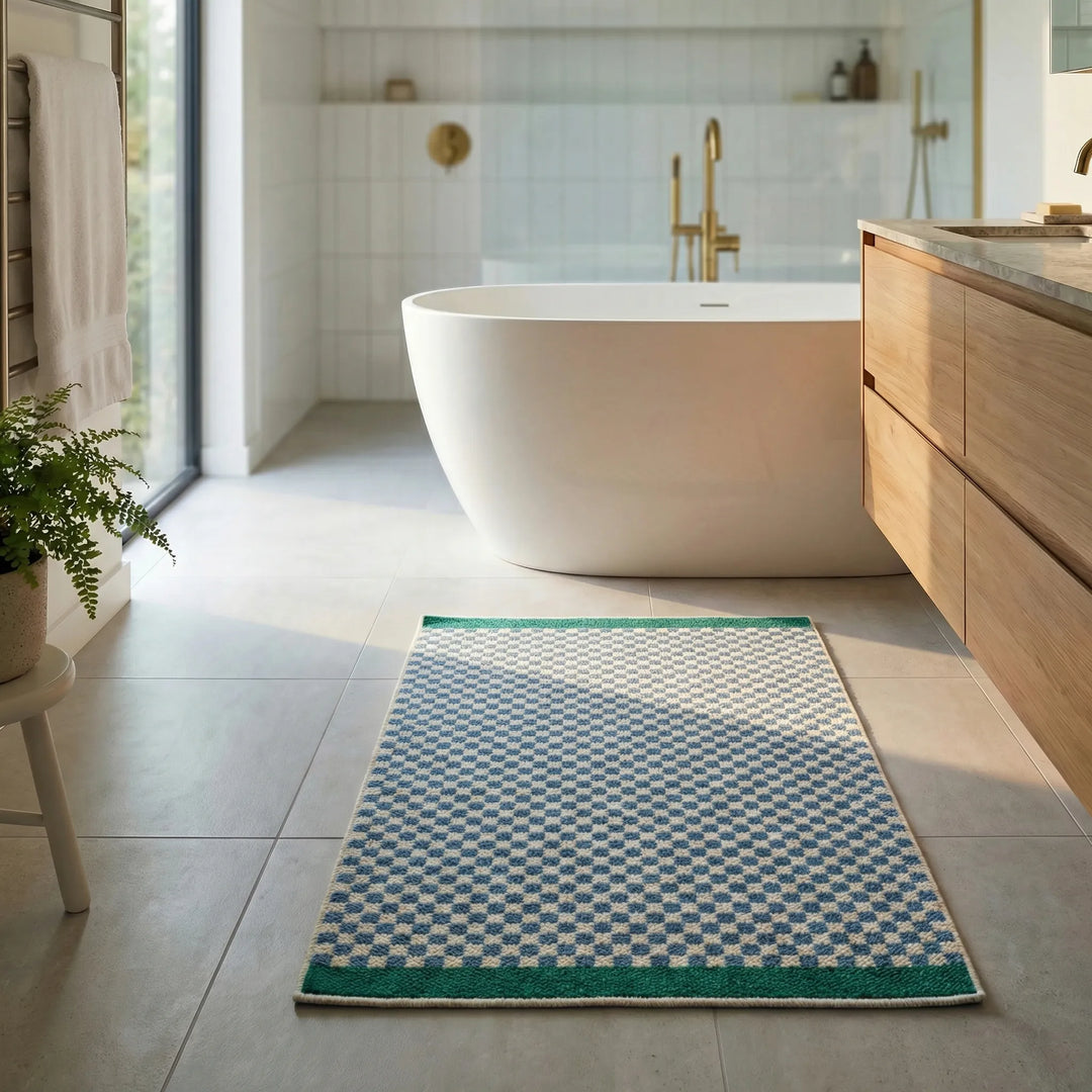Modern checkered bath rug in a plush, absorbent design, enhancing home bathroom decor.