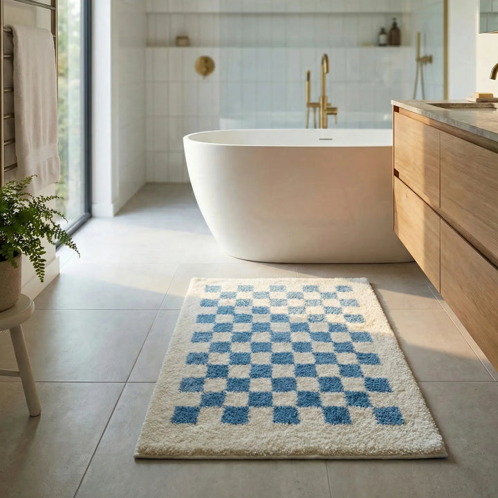 Machine washable plush bath mat featuring a stylish checkered grid for any bathroom floor.