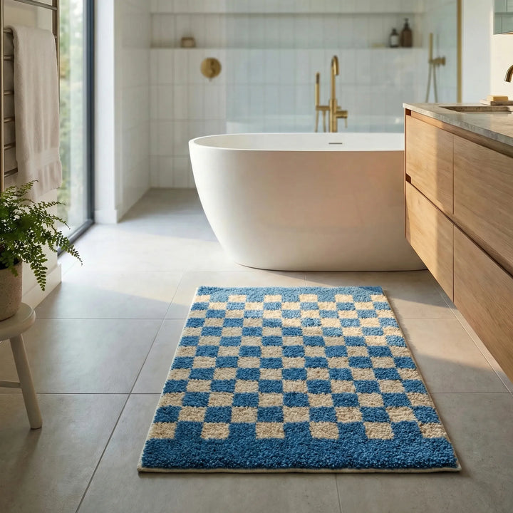Soft floor mat for bathrooms, a plush checkered rug providing comfort and non-slip safety.