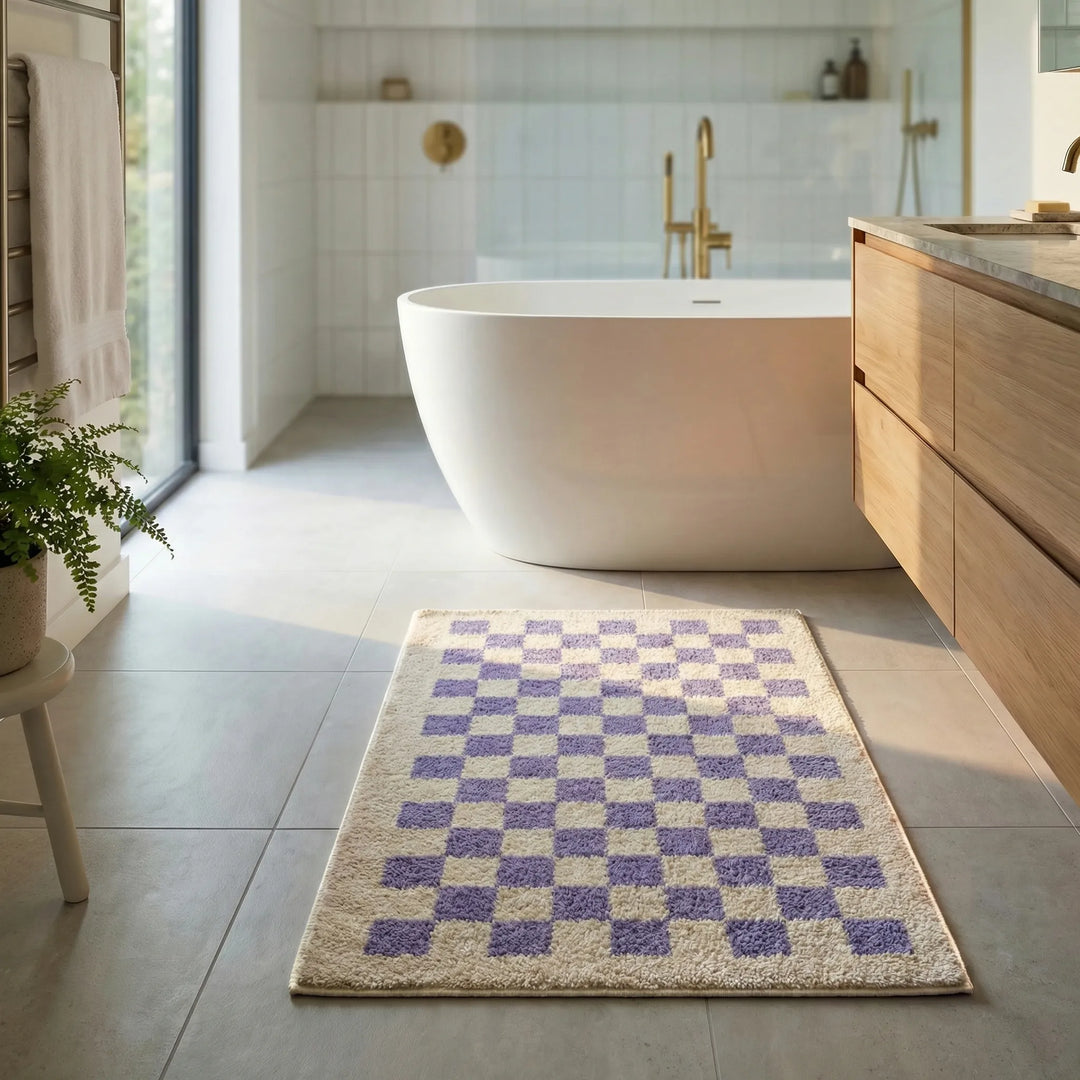 Stylish plush checkered bath mat, perfect for adding a cozy, safe, and absorbent touch to bathrooms.