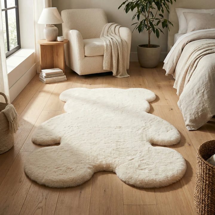Plush Flowique bear floor rug with wavy texture, soft for nursery decor or kids' playroom, washable animal rug.