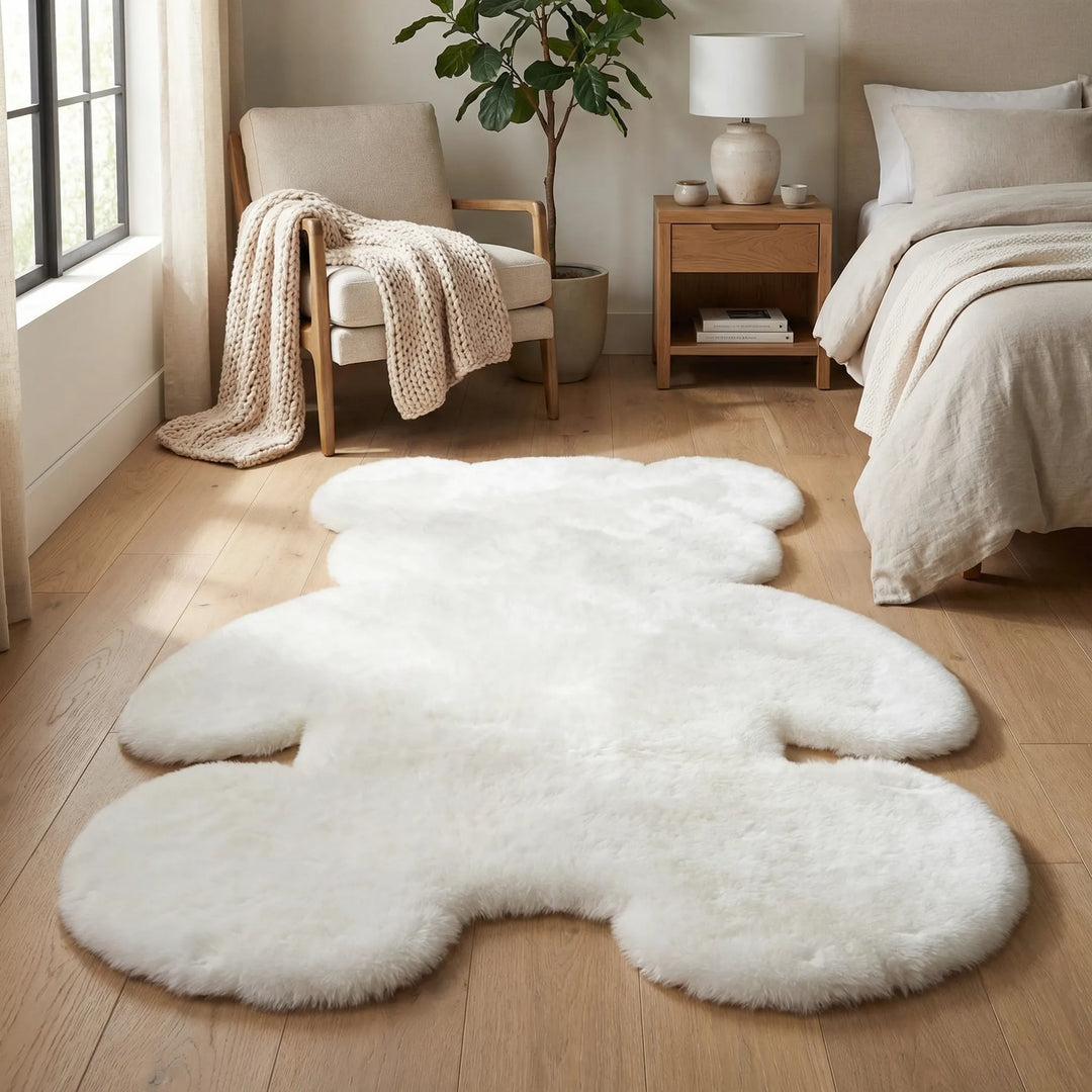 Washable plush bear rug for kids' rooms, a soft animal floor rug ideal for nursery decor & playroom fun.