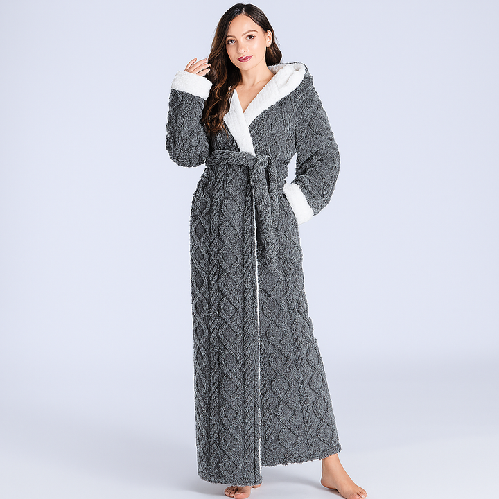 Warm women's plush hooded flannel bathrobe in pink, gray, or purple. Ideal soft loungewear for winter relaxation.
