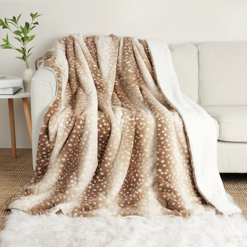 Plush reversible faux fur deer blanket, cozy & warm, perfect for bedroom home decor and winter throws.