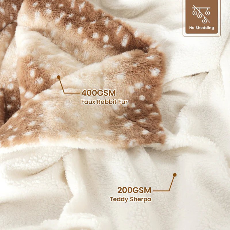 Neatly folded plush reversible faux fur deer blanket, a cozy bedroom throw for warm winter home decor.