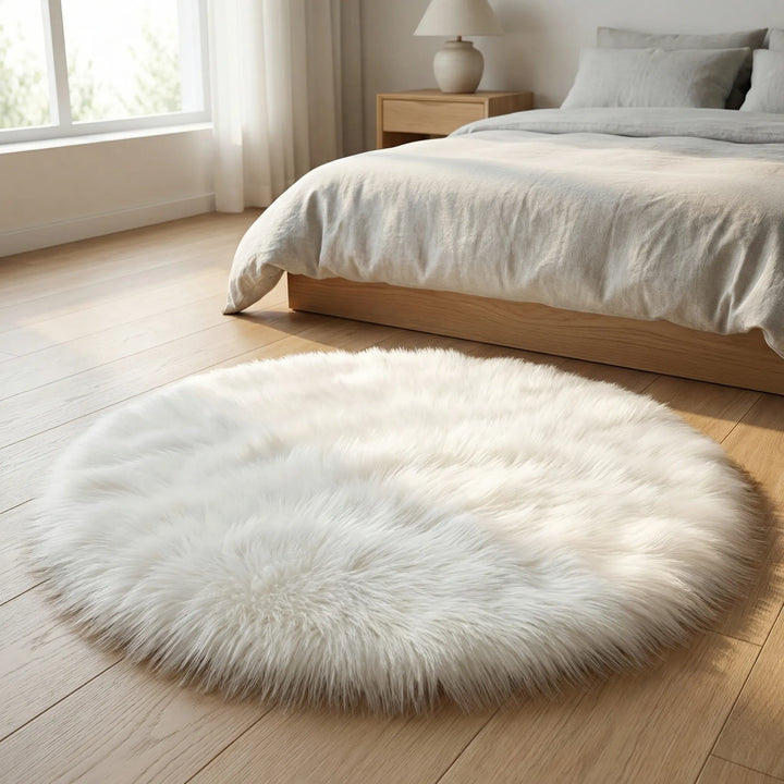 Plush round accent rug in a cozy space, soft texture for ultimate comfort and home decor.