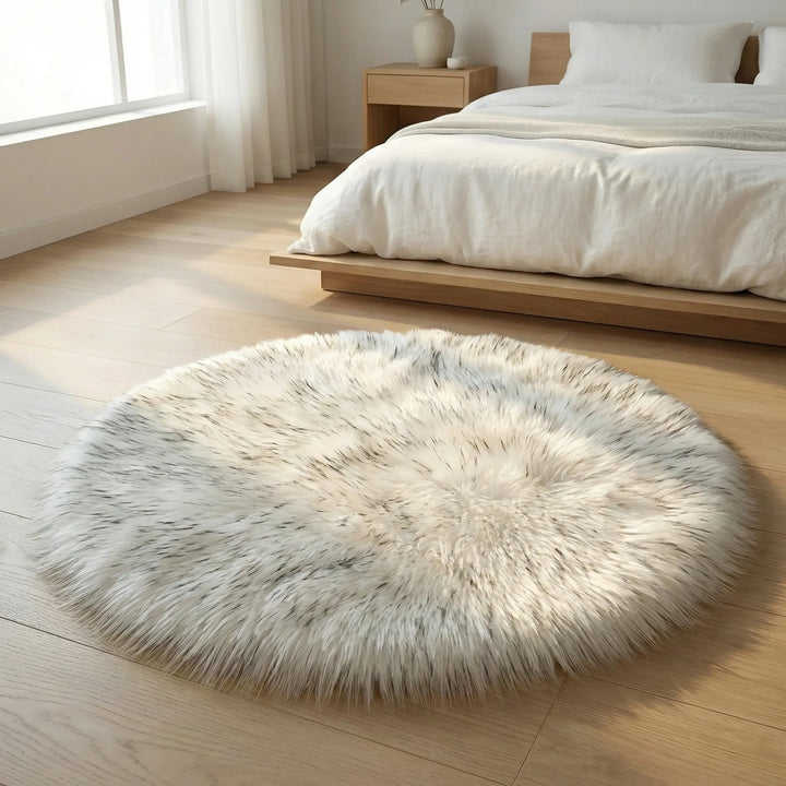 Statement round living room rug, soft plush material with unique Flowique wave pattern.