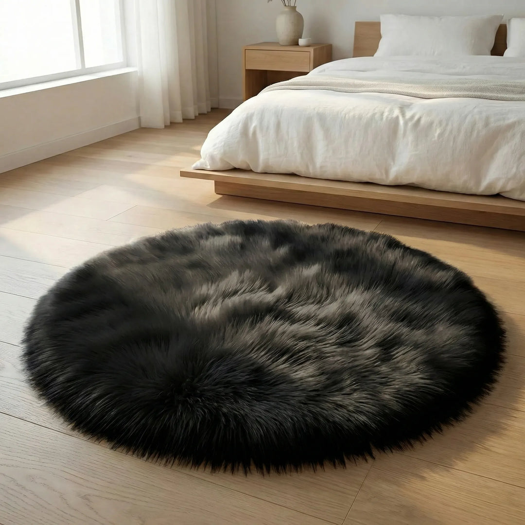 Small round living room rug, soft and plush, creating a warm and inviting atmosphere.