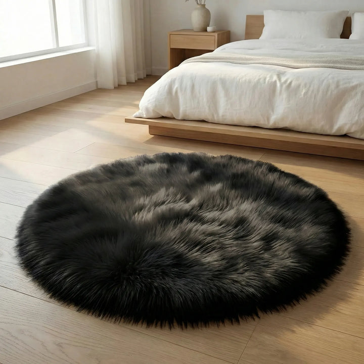 Small round living room rug, soft and plush, creating a warm and inviting atmosphere.