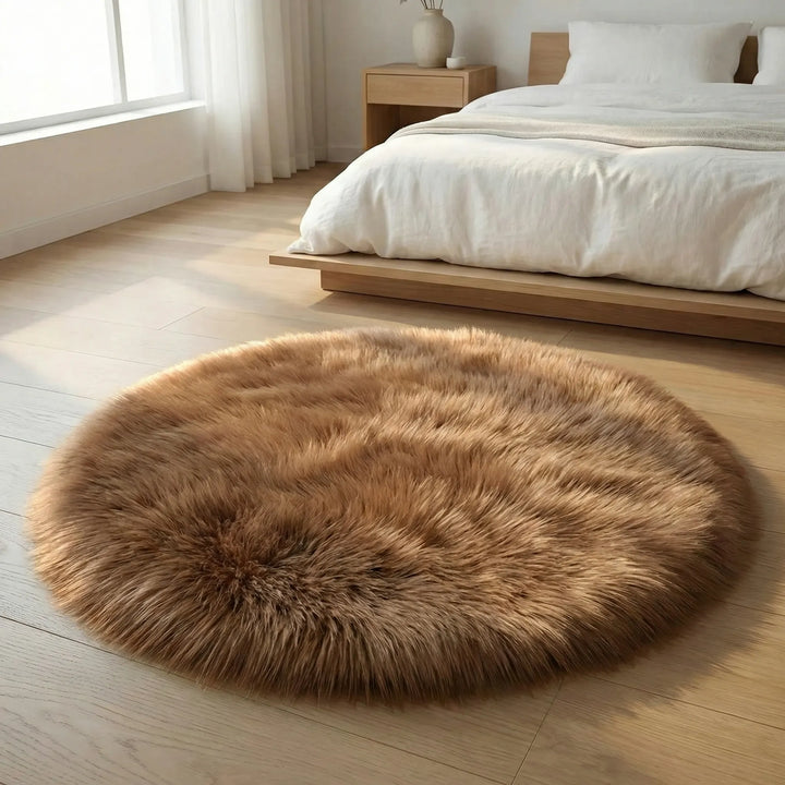 Beautiful Flowique round area rug with subtle wave patterns, a plush accent for any decor.
