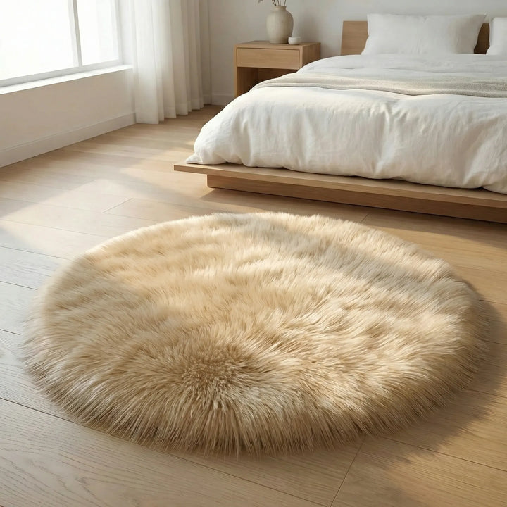 Accent round rug for cozy spaces, soft plush texture and modern wave design.