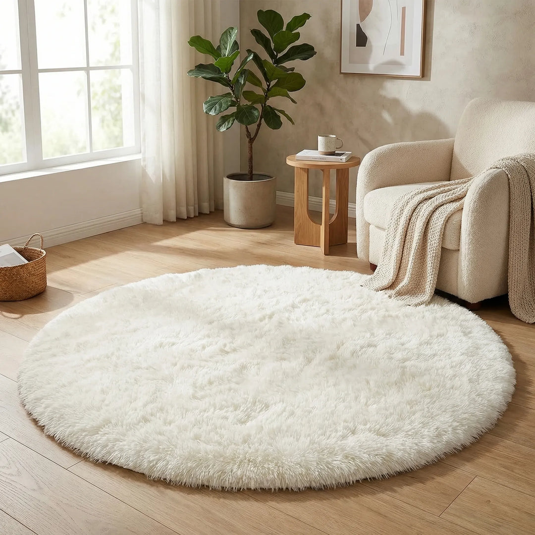 Plush round area rug with Flowique wave design. Soft, cozy & neutral, perfect for living room or bedroom home decor.