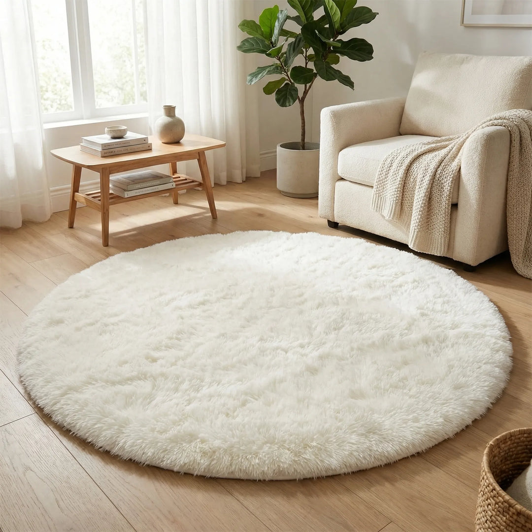 Soft plush round area rug, Flowique wave pattern. Cozy, neutral home decor for modern living rooms & bedrooms.