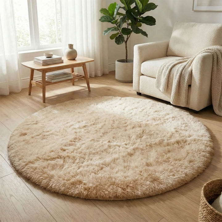 Statement round plush area rug with subtle waves. A cozy, soft neutral rug for your living room or bedroom.