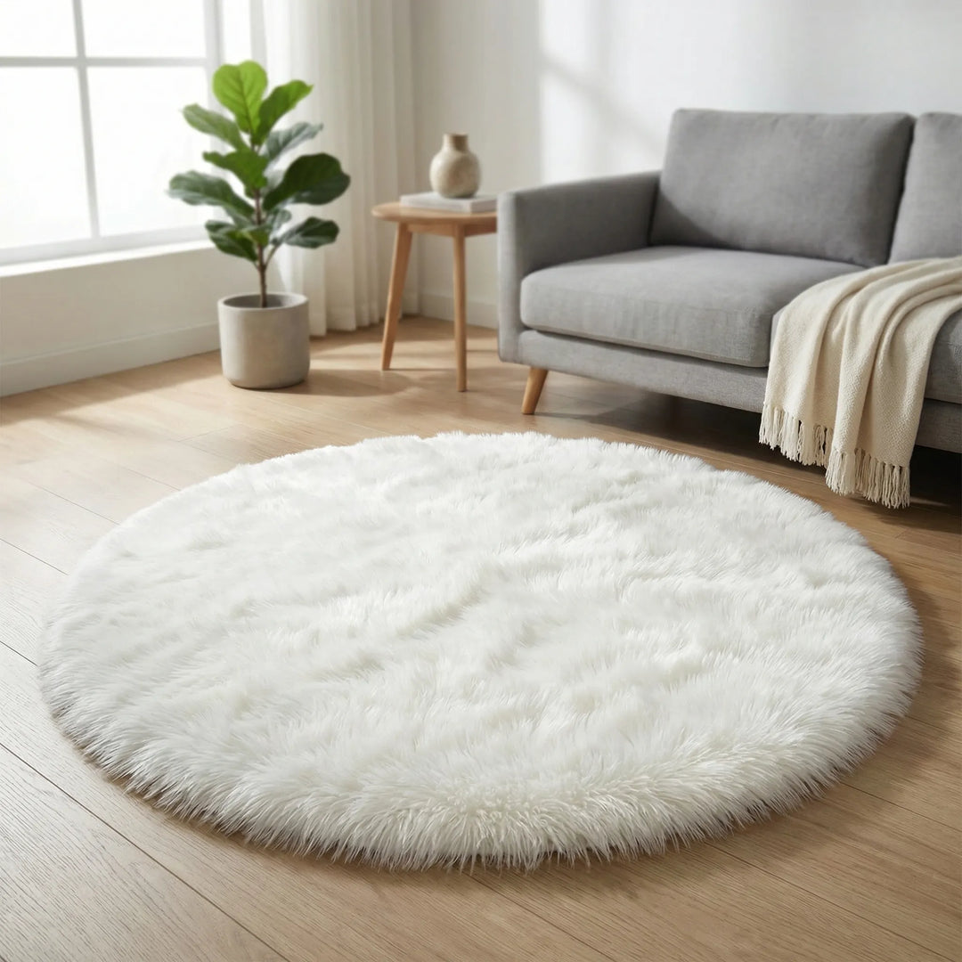 Round plush high pile area rug, "Flowique" wavy design. Soft home decor statement piece for cozy bedroom & living room.