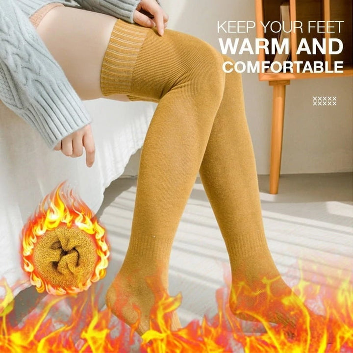 Cozy women's knee-high socks, thick and warm, perfect for cold weather fashion.