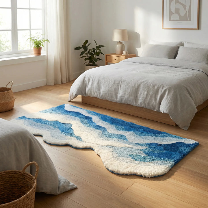 Plush wave-shaped bedroom rug by Flowique. Soft, modern area mat with sculpted waves, non-slip design.