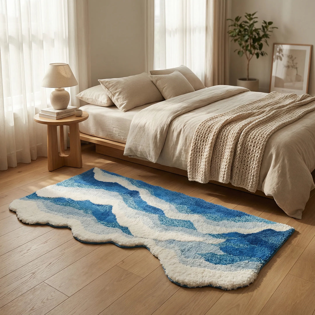 Flowique statement wave rug. Plush, non-slip sculpted area mat for a modern bedroom or stylish home decor.