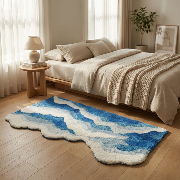 Flowique statement wave rug. Plush, non-slip sculpted area mat for a modern bedroom or stylish home decor.