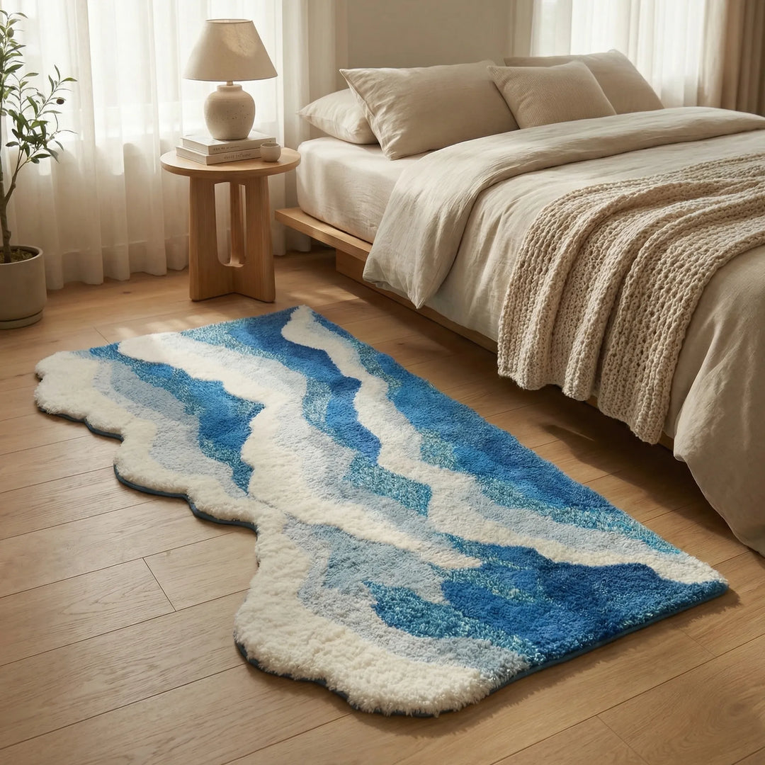 Elegant wave-shaped area rug by Flowique. Plush, non-slip bedroom mat with sculpted design. Versatile home decor.