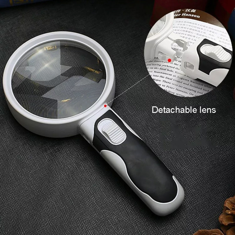 Person using a 20x LED magnifying glass to read a small newspaper print, highlighting its utility.