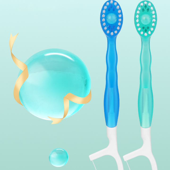 On-the-go 5-in-1 oral care solution featuring a toothbrush, floss, and integrated toothpaste