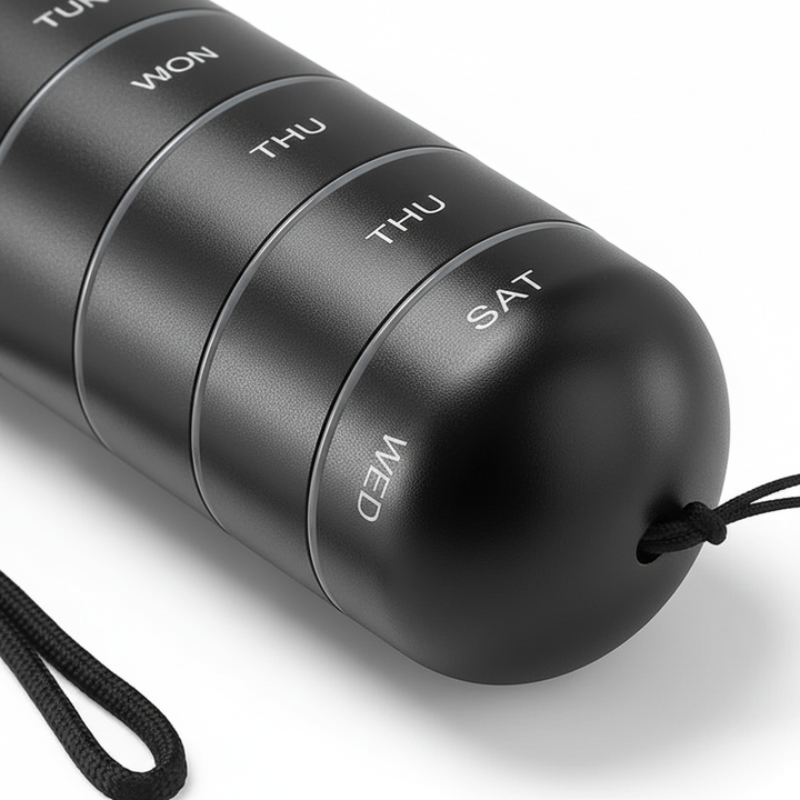 Unisex daily pill holder for 7-day medication organization, sleek aluminum design.