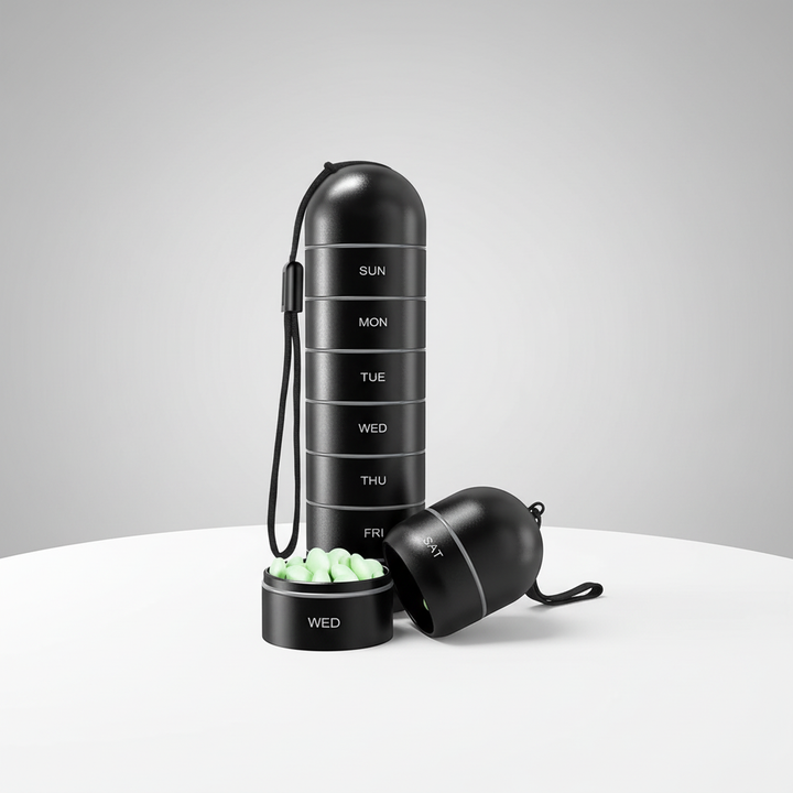 Sleek aluminum 7-day pill organizer for daily medication, waterproof and portable for travel.