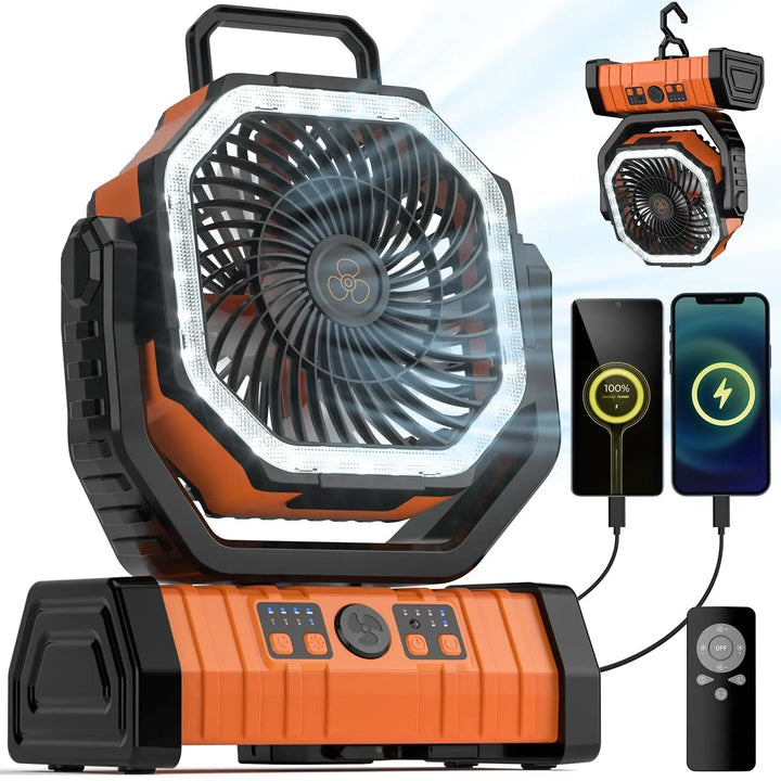 Rechargeable tent fan with bright LED light for cool air and illumination during camping nights.