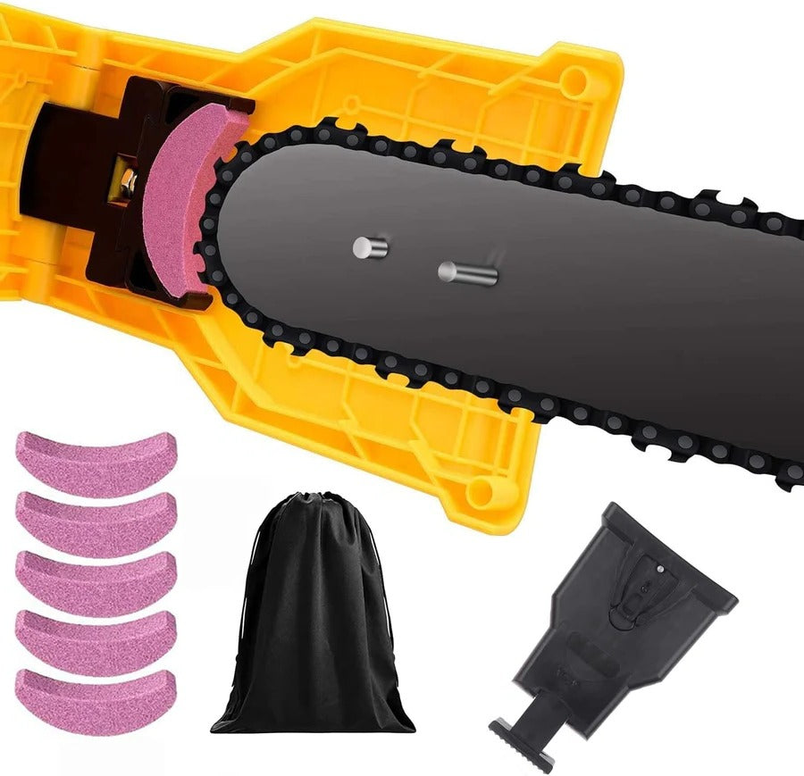 Handheld chainsaw chain sharpener tool for garden cutting and outdoor woodworking blade maintenance.