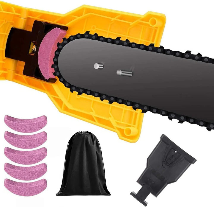 Handheld chainsaw chain sharpener tool for garden cutting and outdoor woodworking blade maintenance.