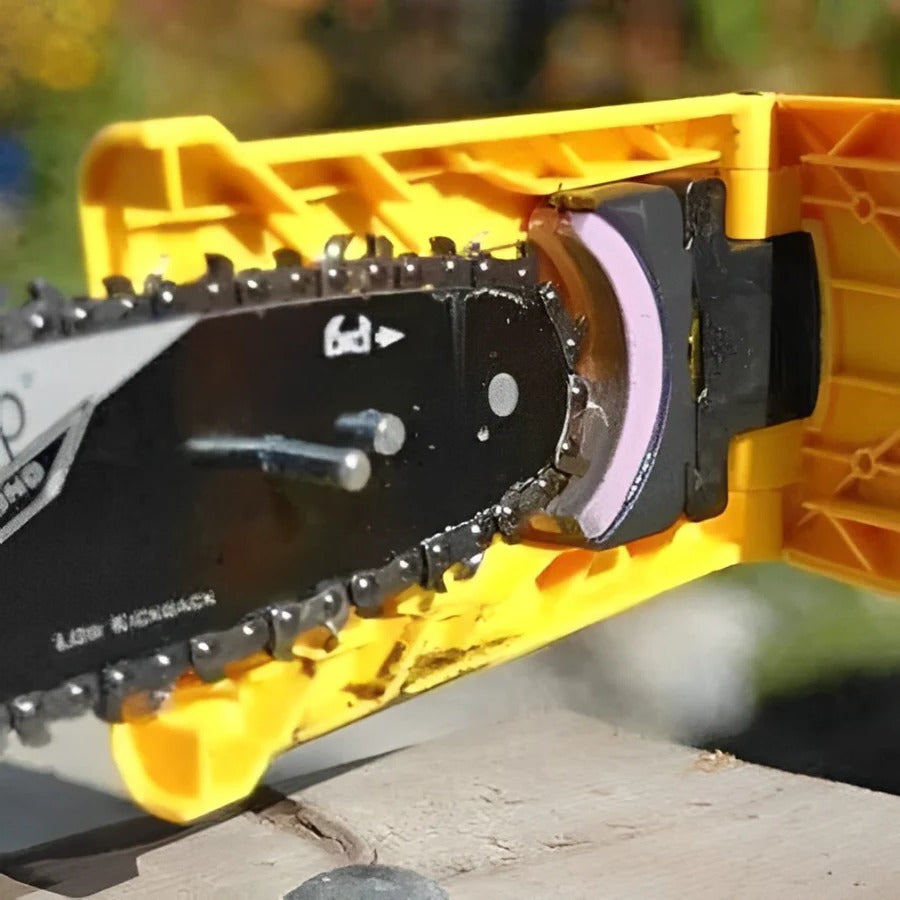 Durable portable chainsaw sharpener, essential garden tool for maintaining sharp cutting chains and blades.