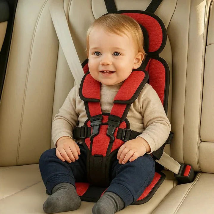 Portable child car seat with a 5-point safety harness, perfect for travel.