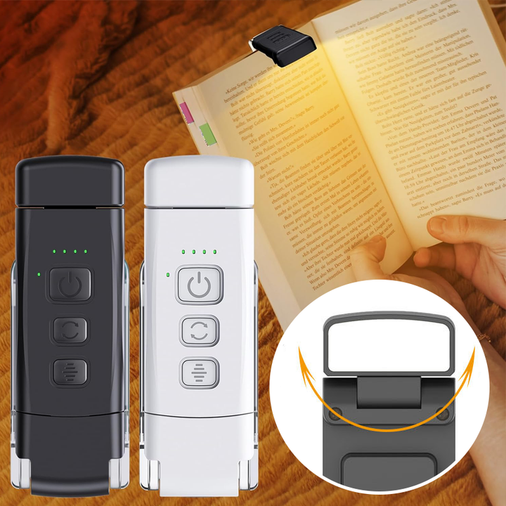 Close-up of a rechargeable clip-on LED book light, showing the bright eye-care LED panel
