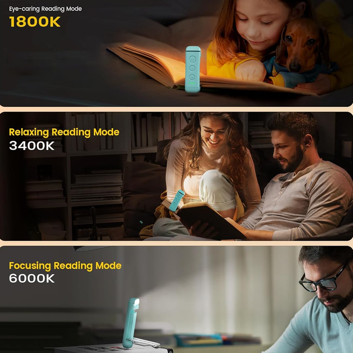 Compact portable LED reading light, showcasing its lightweight design and clip mechanism