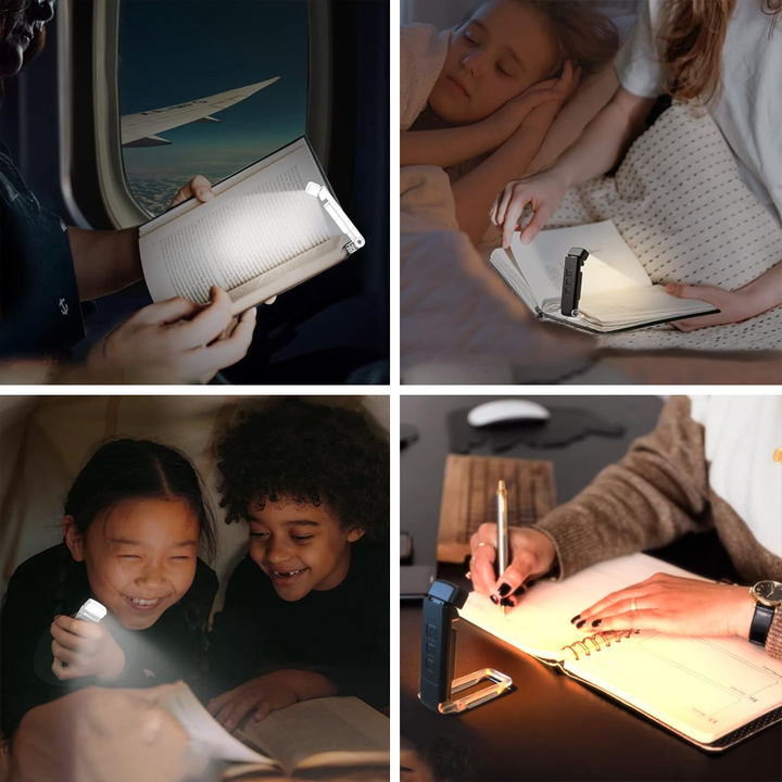 Hand holding a portable clip-on LED book light, demonstrating its ease of attachment