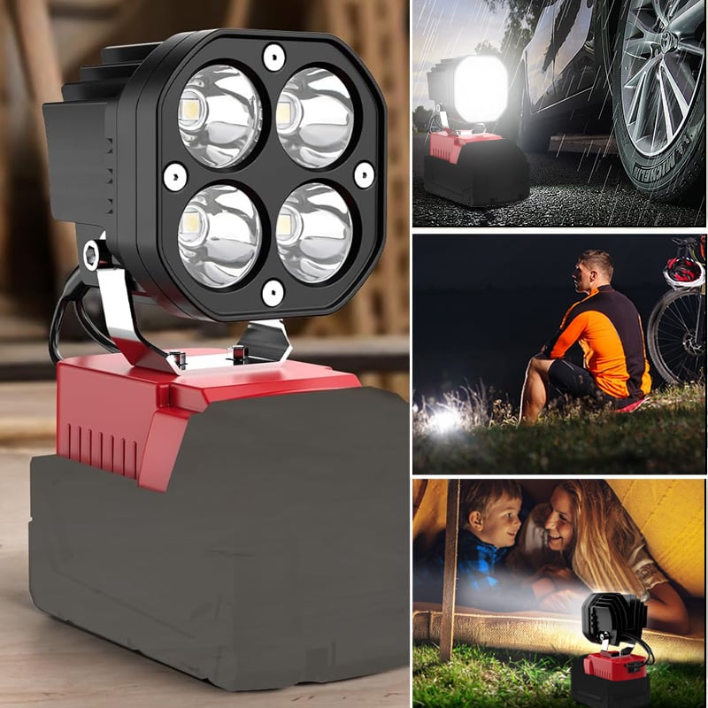 Portable cordless LED work light for 18V power tool batteries, illuminating a workshop area