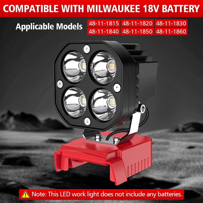 Versatile cordless work light shown with different 18V battery brands, highlighting adaptability