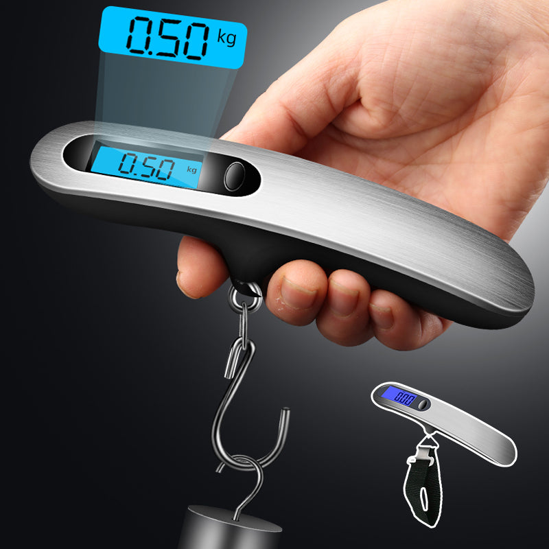 Portable digital luggage scale in black, showing a weight reading on its LCD screen, for travel and home use