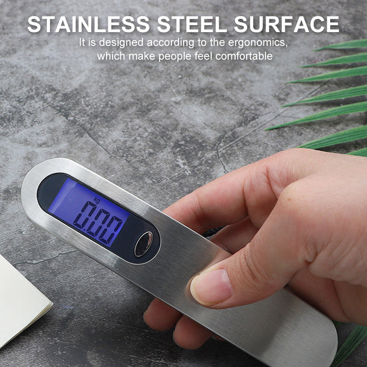 Portable electronic travel scale with a durable strap and metal hook, ready to weigh a suitcase or bag