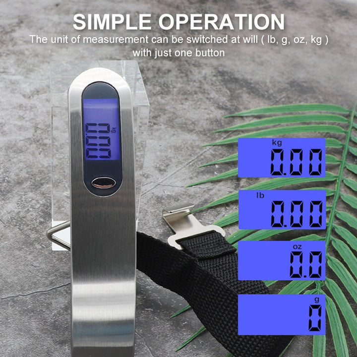 Compact digital luggage scale, small enough to fit in a pocket, ideal for travelers to avoid overweight fees