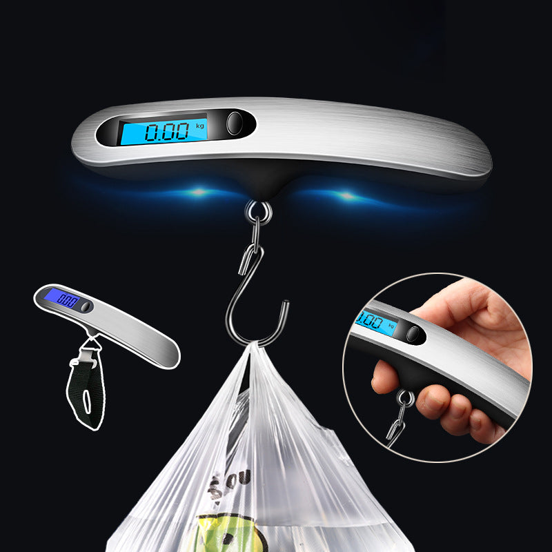 Black digital luggage scale with a silver hook, showcasing its robust construction and travel-friendly features