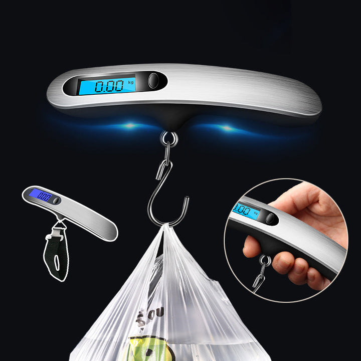 Black digital luggage scale with a silver hook, showcasing its robust construction and travel-friendly features