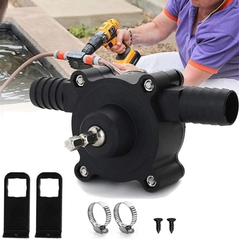 Portable electric drill water pump, self-priming for liquid transfer, home improvement utility.