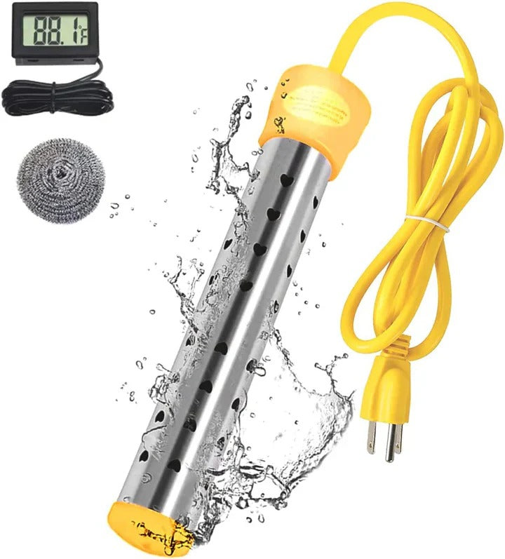 Portable electric immersion water heater for quick hot water at home, travel, or camping trips.