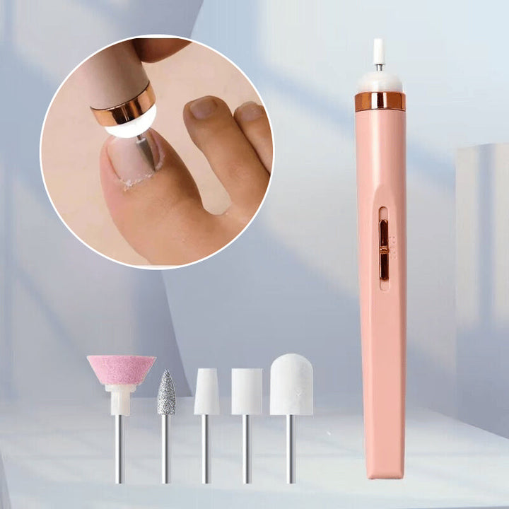 Hands demonstrating the use of an electric nail drill for buffing and shining nails