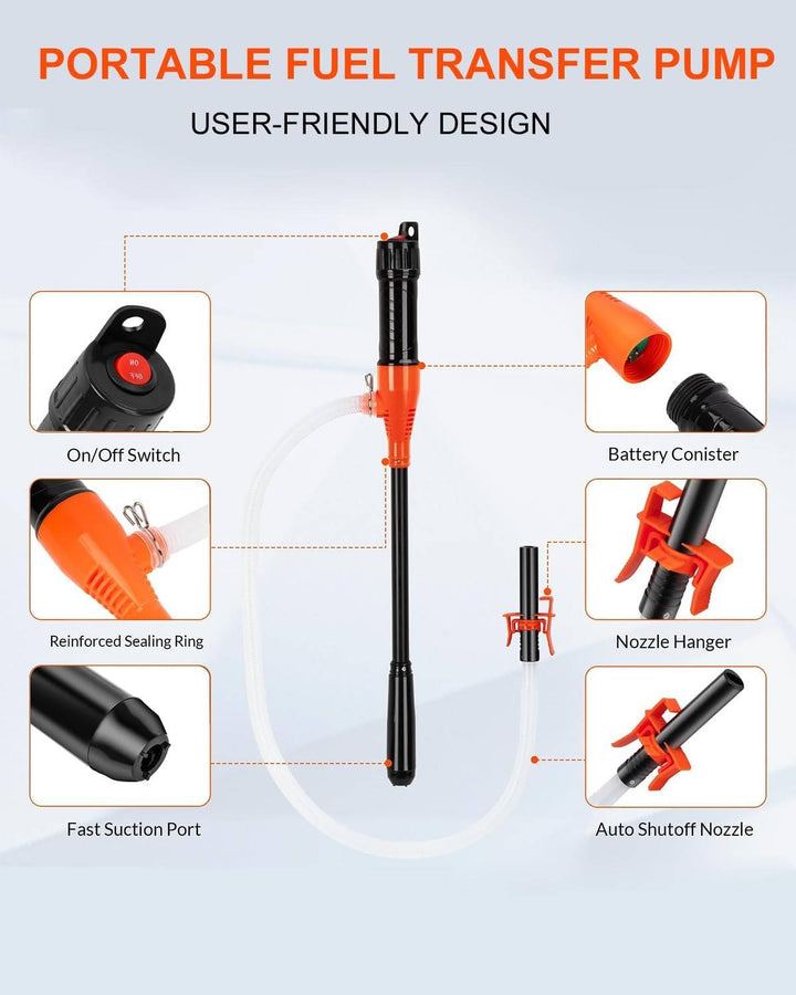 Electric fuel transfer pump for gasoline, diesel, and water. Siphon liquid transfer with battery power.