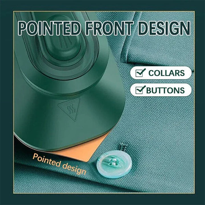 Close-up of a portable handheld steam iron, highlighting its compact design and powerful steam